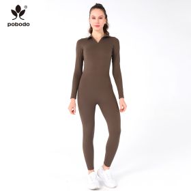 Polo Collar Long Jumpsuit (Option: Brown-S)