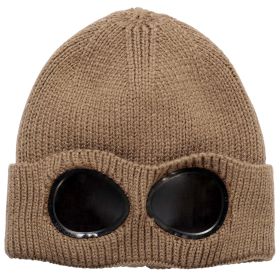 Unisex Knit Beanie Hat with Goggle Chunky Winter Warm Hat Skull Cap 4 Colors (Option: BeanieHat Khaki)